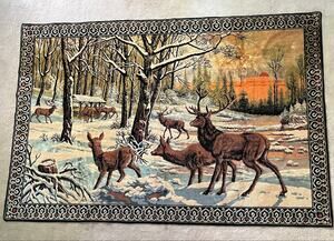 Large Vintage Italian Tapestry Woodland Deer Sunset Landscape Cabin Lodge Nature